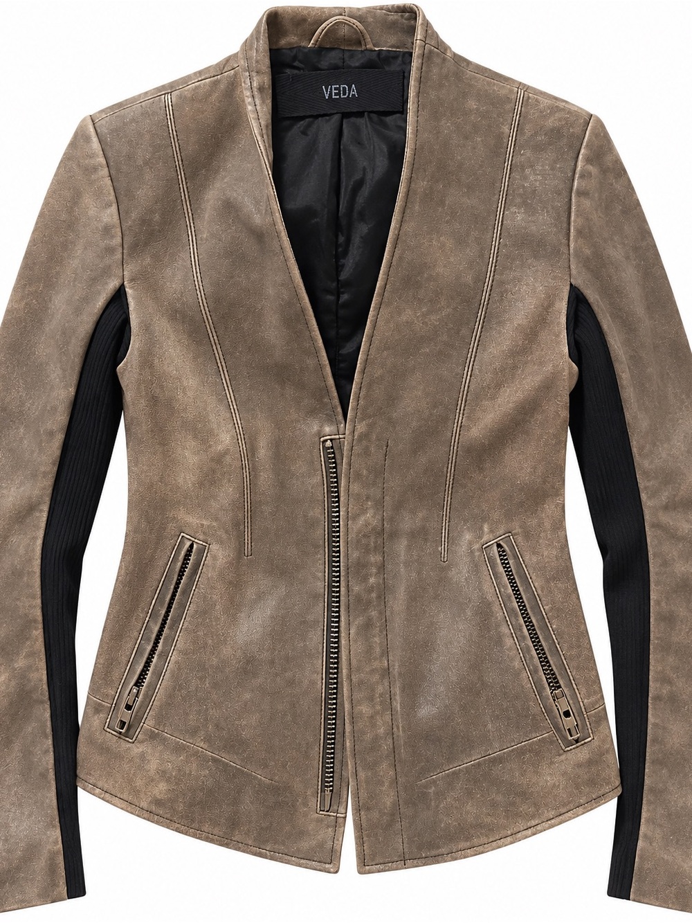 Veda Taupe Suede Jacket with Black Knit Sleeve Panels